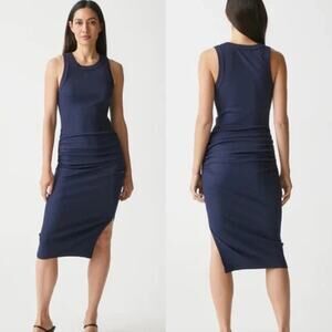 Michael Stars Wren Ribbed Midi Dress Admiral Navy Womens Small Ruched Sleeveless